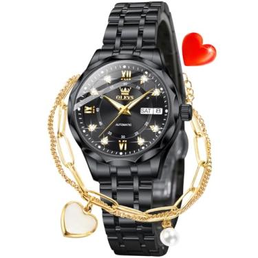 Imagem de OLEVS Relógios femininos luxuosos diamantes mecânicos automáticos vestido de pulso dois tons data dia, 6727: preto