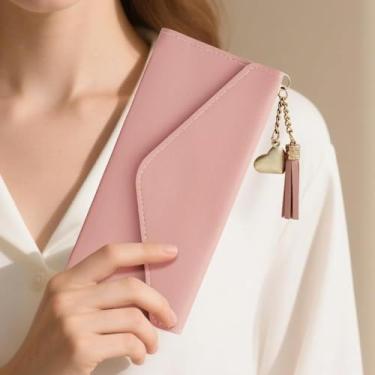 Imagem de Carteira feminina, carteira fina de poliuretano com pingente de borla com vários compartimentos para cartões, carteiras longas para compras, viagens, encontros, rosa, Casual