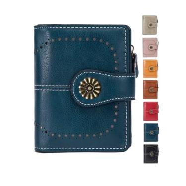 Imagem de Carteira feminina dobrável de couro com bloqueio de RFID, porta-cartões compacta com bolso para moedas com zíper, Azul pavão, Small, Carteira feminina de couro