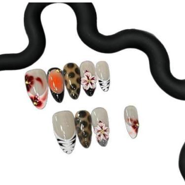 Imagem de Press on Nails, estampa de leopardo mais vendida com flores 3D - Merri