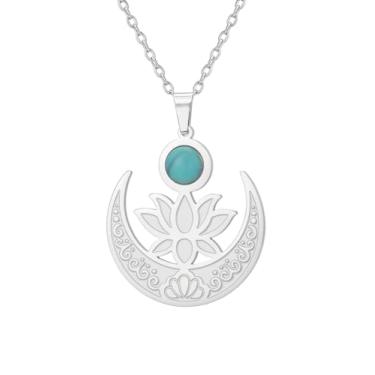 Imagem de EUEAVAN Colar com pingente de flor de lótus para mulheres, pedra da lua, novos começos, meditação charmosa, buda curativo, joia inspiradora, presente de ioga, Medium, Aço inoxidável, Sem Pedra