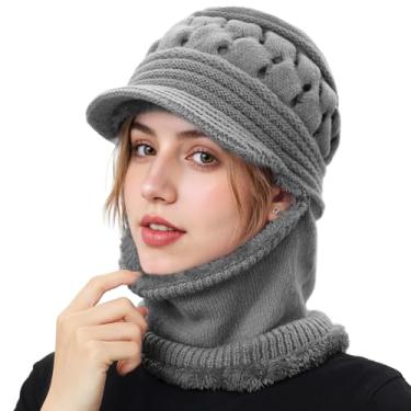 Imagem de Gorro feminino de inverno, conjunto de máscara de cachecol de inverno para mulheres, gorro despojado de uma peça com aba de viseira forrada de lã, cinza 2025