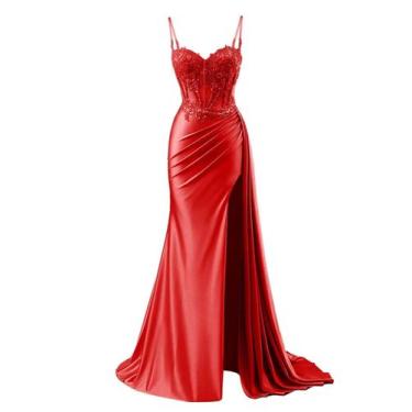 Imagem de Vestido de baile RUMUGUYA, apliques de renda, cetim, vermelho sereia, 