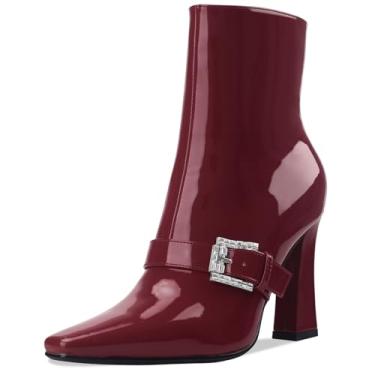 Imagem de Perisis Botas de cano curto, salto alto, grosso, preto, bico quadrado, fechado, curto, com zíper lateral, salto de 10 cm, padrão de crocodilo para mulheres e mulheres sexy, Patente de vinho, 34