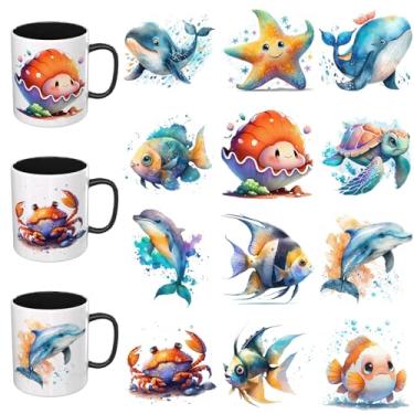 Imagem de Adesivos de animais fofos UV DTF - 12 folhas de copo de peixe fofo UV DTF para canecas de café de vidro, decalques DIY para copos, esfregar à prova d'água em transferências para artesanato