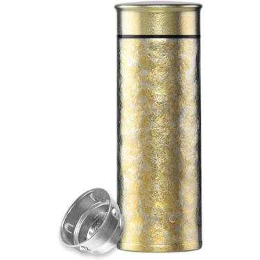 Imagem de TAIC Garrafa de água de titânio, copo isolado de titânio de 400 ml, copo isolado a vácuo para chá, café, com filtro para folhas soltas, tampa à prova de vazamento (ouro brilhante, 400 ml)