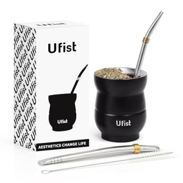Imagem de Ufist Conjunto de copos de erva mate, aço inoxidável de parede dupla de 136 g, com 2 bombas e escova de limpeza, preto e madeira (preto)