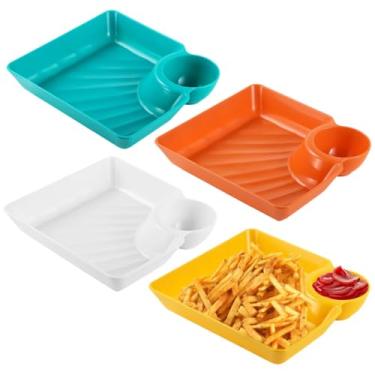 Imagem de Toyokar Pratos de lanche reutilizáveis de 7 x 6,5 cm para salada, aperitivo, sobremesa, 4 peças de pratos de bolinho de massa de plástico com pires, travessas de servir batatas fritas e molhos