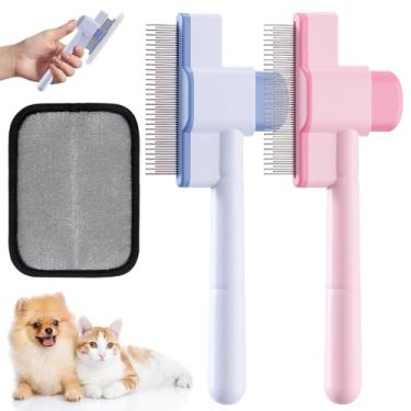 Imagem de 2 Pentes de pulgas autolimpantes para cães e gatos com luva de remoção de pelos de animais de estimação – Dente duplo e pente delicado para cabelos longos/curtos – Escova Zen ergonômica para cuidados