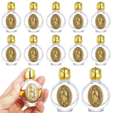 Imagem de Conjunto de 12 garrafas de água benta douradas em relevo, pequenos recipientes de vidro recarregáveis, garrafas portáteis para uso espiritual, lembrancinhas de igreja e suportes de óleo essencial