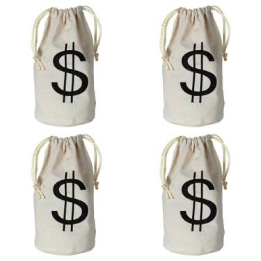 Imagem de Beistle Bolsas "$" – Pacote com 4, sacos de dinheiro de tecido com cordão, sacos clássicos de símbolo de dólar para acessórios de fantasia, festas, eventos ocidentais, produções de palco e expositores