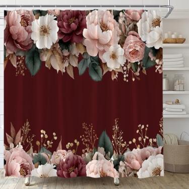 Imagem de Cortina de chuveiro vintage Borgonha Flor Vermelha Retro Rosa Floral Casa de Fazenda Aquarela Natureza Rústica Flor Planta Tecido Mulher Decoração de Banheiro Cortina de Banho com Ganchos