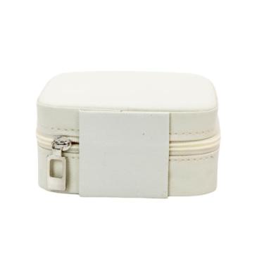 Imagem de Porta Joias Portátil de Viagem, Couro Sintético Branco, Interior em Veludo, com Zíper, 10x10x5cm, Organizador de Acessórios e Joias