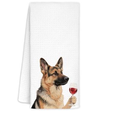 Imagem de YTRGI Toalha de bar de pastor alemão engraçada, presentes de mãe de cachorro pastor alemão para mulheres e homens Natal, toalhas de mão de cozinha de cachorro, decoração de Natal de vinho, presentes