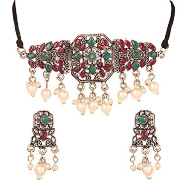 Imagem de Touchstone Conjunto de colar indiano Bollywood tribal boho cigano oxidado lindo motivo cortado à mão em tom de prata oxidado para mulheres., Aço inoxidável, não conhecido,