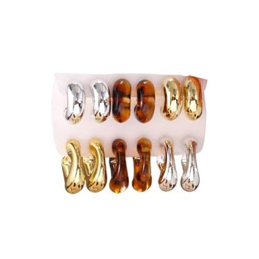 Imagem de 6 pares de brincos de argola de acrílico para mulheres, brincos grossos em forma de C, conjuntos de resina, joias modernas, One Size, Liga de aço, Sem pedra preciosa