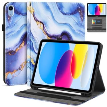 Imagem de DETUOSI Capa para iPad (A16) 11ª geração 2025, iPad 10ª geração 2022, capa protetora de couro premium com suporte para despertar/hibernar automaticamente com suporte para lápis, mármore azul