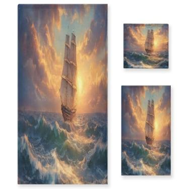 Imagem de ATTX Conjunto de toalhas de banho de pintura a óleo de navio à vela de 3 peças - Ultra macio e de secagem rápida, toalhas de mão absorventes de grau de hotel e spa para banheiro #585