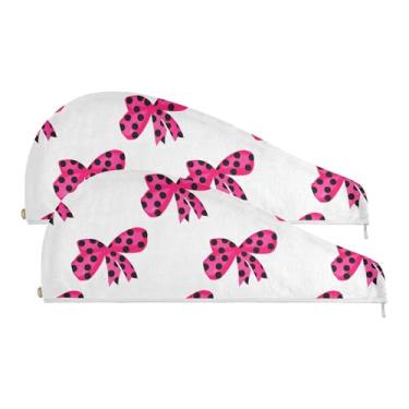 Imagem de SEHANY Linda toalha de cabelo de microfibra com laço rosa para mulheres, 2 peças, turbantes de cabelo de secagem rápida com botão, touca de cabelo seco absorvente toalha de secagem de cabelo para