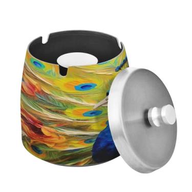 Imagem de Blueangle Cinzeiro de pintura a óleo de pavão com tampa para cigarros, à prova de vento/chuva, aço inoxidável, sem fumaça, inodoro, cinzeiro para uso interno ou externo (191)