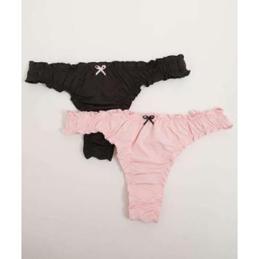 Imagem de Kit 2 Calcinhas Fio Dental Franzida Laço Marisa-31159, Rosa, Preto, M