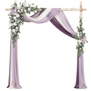Imagem de Ling's moment Kit de flores de arco de casamento com cortinas, pacote com 5, 2 arranjos de flores, 3 peças de cortinas transparentes para pendurar branco, decoração floral rosa artificial, lilás e