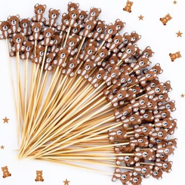 Imagem de Vabrloy 100 palhetas de coquetel de urso, palitos de bambu de 5,1 polegadas, espetos de bambu de urso, palitos de coquetel para aperitivos, frutas, sobremesa, aniversário, festa de casamento