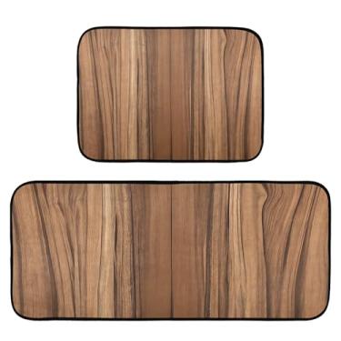 Imagem de WELLDAY Conjunto de 2 peças de tapetes de cozinha com padrão de madeira teca, antifadiga, tapete de cozinha confortável antiderrapante para pia, lavanderia, cozinha, escritório