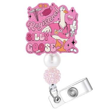 Imagem de Carretel de crachá RN, suporte de identificação retrátil rosa ganso engraçado de enfermeira, acessórios de trabalho com clipe de crachá de desenho animado, presentes para enfermeiras, estudantes de