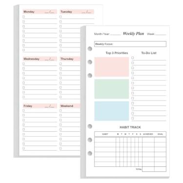 Imagem de Refil de agenda semanal A6 para fichários pessoais Filofax, 53 folhas/106 páginas, agenda semanal colorida sem data, perfurada com 6 furos, papel branco de 100 g/m², último 1 ano, sem data, 9,5 x 17