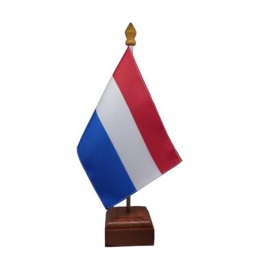 Imagem de Bandeira de Mesa Elegance, Holanda, Dupla Face, Multicolorido, 19x30cm, Base e Haste em Madeira Natural, para Escritório, Eventos, Decoração, Tecido Oxford