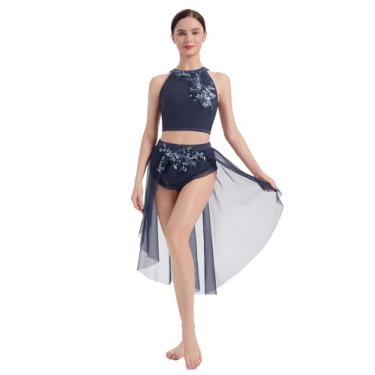 Imagem de AFAVOM Trajes de dança lírica para mulheres, vestido lírico de lantejoulas + saia de tule de malha rodada roupa de dança contemporânea, Azul marinho, X-Large