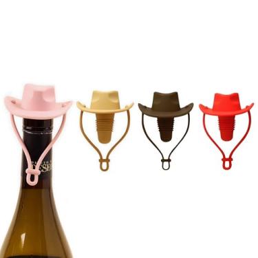 Imagem de 4 peças de tampas de vinho de chapéu de cowboy, rolha de garrafa de silicone, substituto de cortiça, selada mantém o vinho fresco, decoração de casa fofa e presentes inovadores para amantes de vinho