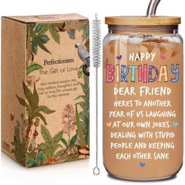 Imagem de Enanaimg Copo de vidro de feliz aniversário de 473 ml com tampa de bambu e canudo presente para mulheres Bestie BFF, presente de aniversário engraçado para melhor amiga amizade para mulheres, colega