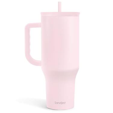 Imagem de SANDJEST Copo rosa claro de 1,134 g com alça e canudo, caneca de café de viagem de aço inoxidável isolado para mulheres e meninas, ideia de presente para aniversário, Natal, Dia das Mães