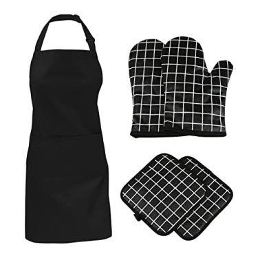 Imagem de 5pcs Conjunto de Luva Forno Protetor Panela e Avental Superfície com Revestimento Silicone Forro Algodão Cozinha Resistente ao Calor para Assado Churrasco Padrão Grade Impresso Respirável