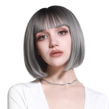 Imagem de Peruca curta reta bob com franja 20 cm moda sintética colorida cosplay diária festa peruca para mulheres cinza com raiz escura