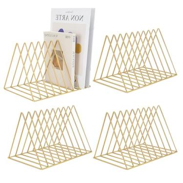 Imagem de 4 suportes de arquivo triangular, 9 compartimentos pretos para revistas, suporte de armazenamento de discos de vinil de metal, organizador de arquivos de mesa, organizador de estante para escritório