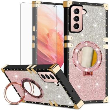 Imagem de Asuwish Capa de celular para Samsung Galaxy S21 5G 6,2 polegadas capa magnética com protetor de tela de vidro temperado e espelho brilhante brilhante anel resistente à prova de choque suporte rígido S