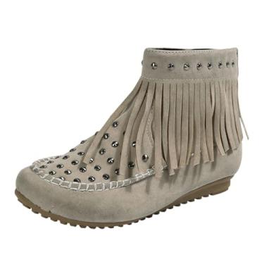 Imagem de Botas femininas casuais de inverno confortáveis cano baixo, com borla, bico redondo, salto baixo, salto grosso, Bege, 36