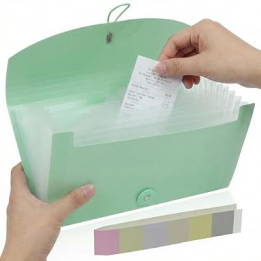 Imagem de Pequeno organizador de arquivos sanfonado - Pasta expansível de 13 bolsos para recibos, notas e envelopes - Fichário para economia de dinheiro (verde)