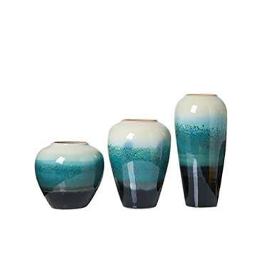 Imagem de Vaso vitrificado chinês de três peças, vitrificado, vitrificado, janela, sala de chá, hall de entrada, arranjos de flores, decorações