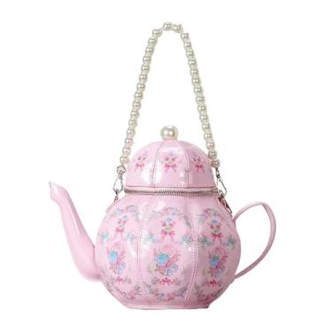 Imagem de CXQDSJM Bolsa feminina de couro sintético floral, bolsa de ombro transversal, corrente de pérola, bolsa de dia dos namorados para meninas, rosa