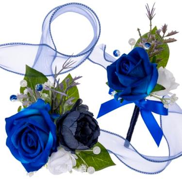 Imagem de Fnize Conjunto de corpete e flor na lapela para formatura, formatura, casamento, corpete de pulso de seda para mulheres e flor na lapela para homens com peônia artificial rosa sintética (azul royal)
