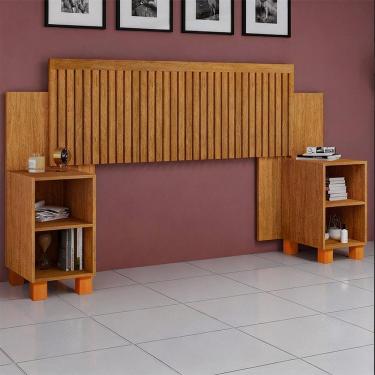 Imagem de Cabeceira Box Mumbai Ripada Ajustável Com Mesas Laterais E Nicho Para Casal/queen - Naturale