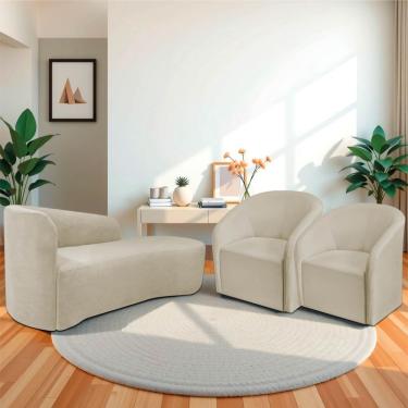 Imagem de Kit Sofá Curvo França 140cm Ld. E 2 Poltronas Luiza Max Conforto, Elegância E Design Moderno Linho Bege