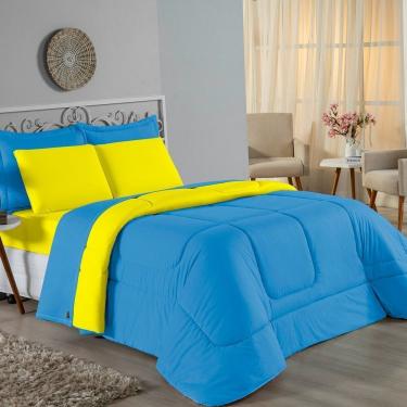 Imagem de Edredom Queen Nobre 1 Peça Dupla Face 2,40m X 2,60m Malha 100% Algodão - Turquesa / Amarelo