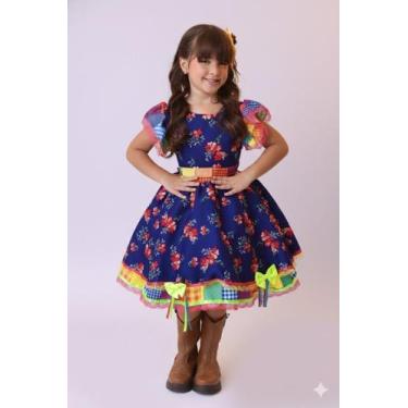 Imagem de Vestido Infantil Luxo Junino Arraiá Azul Florido Colorido - Mali Modin