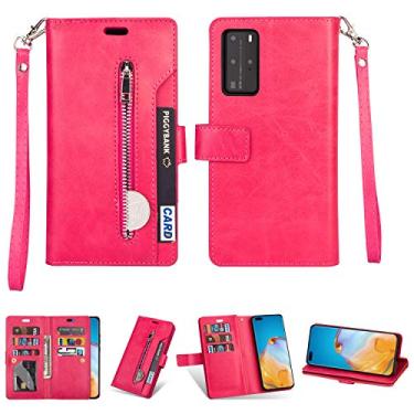 Imagem de Capa para Huawei P40, Carteira de Couro PU Folio Flip Case com Zíper Bolso Slots para Cartão Fecho Magnético Capa Protetora à Prova de Choque com Alça de Pulso para Huawei P40 (Rosa Vermelho)