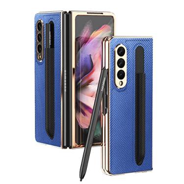 Imagem de Capa de telefone de couro de fibra de carbono com suporte para S Pen Moldura de revestimento frontal Capa de filme de vidro temperado para Samsung Galaxy Z Fold 3 5G, azul, para galaxy Z FOLD 3